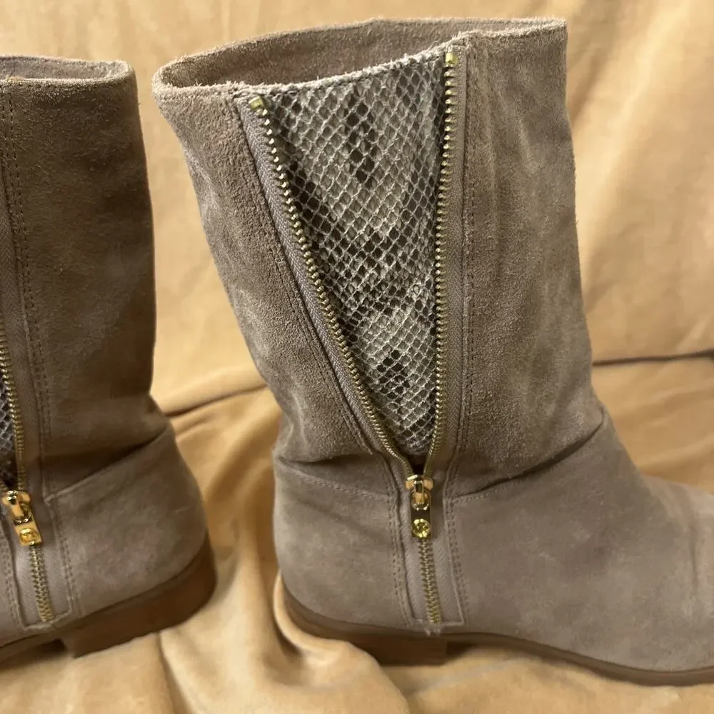 Michael Kors Tan Suede Booties With Peek A Boo Snake Skin Gold Zipper Sz 10 - Picture 9 of 9